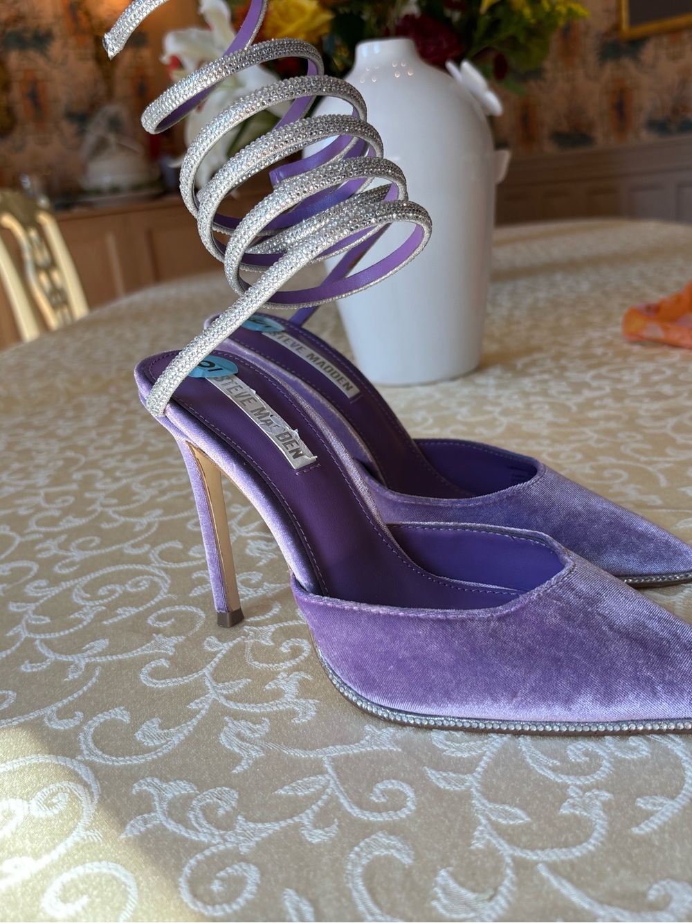 Steve Madden Lavender Velvet Pointed Stiletto with Crystal Spiral Ankle Wrap
